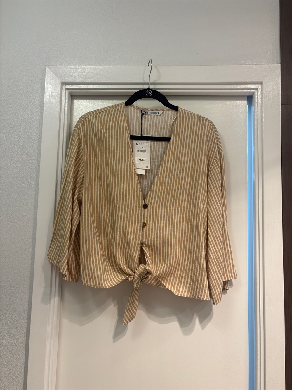 Zara Beige and White Striped Tie-Front Button Down Top
